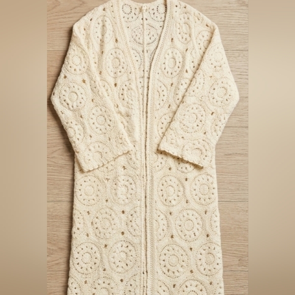 POL Ivory heavy Knit Crochet Fringe Open Long Sleeve Kimono Duster Boho Casual - Picture 3 of 5